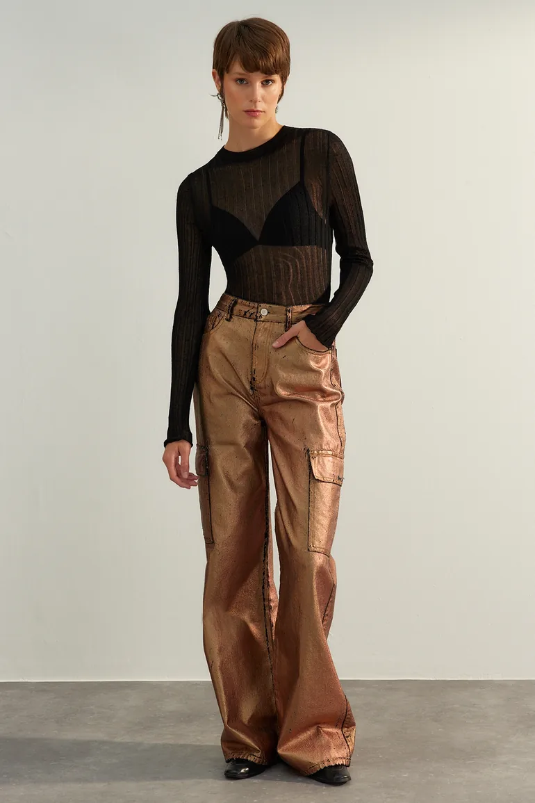 Limited Edition Bronze Wide Leg Shiny Printed Jeans - 5