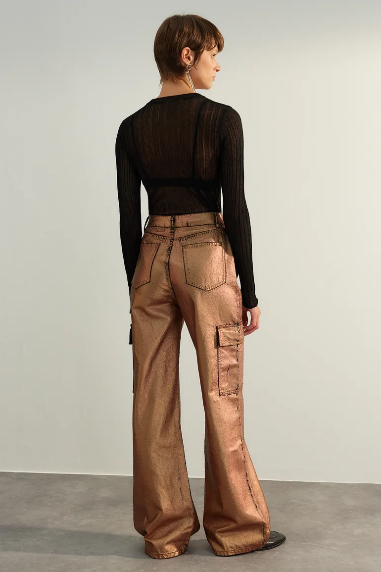 Limited Edition Bronze Wide Leg Shiny Printed Jeans - 7