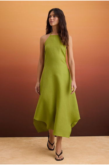 Oil Green 100% Linen Halter Neck Mini Woven Dress