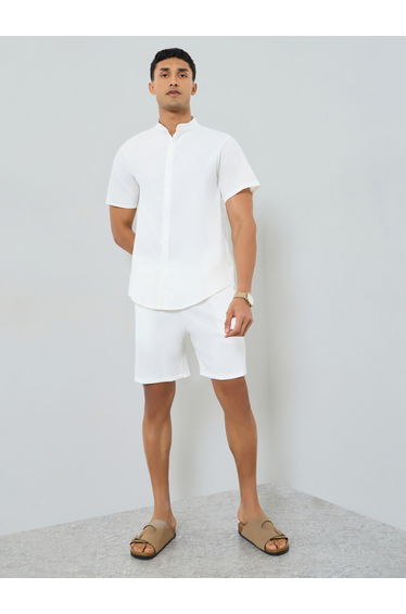 Men Solid Stand Collar Shirt and Shorts Co-Ords