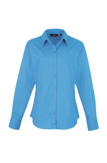 Premier Womens/Ladies Poplin Long Sleeve Blouse / Plain Work Shirt - Sapphire