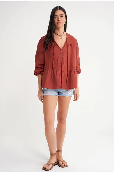 Mixray Long Sleeve Relaxed Fit Blouse with Tie-Neck