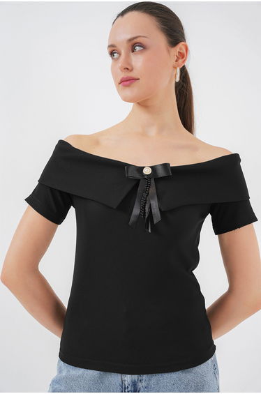 BDART Boat Neck Ribbed Blouse with Bow
