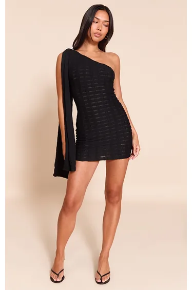 Black Textured One Shoulder Drape Detail Bodycon Dress