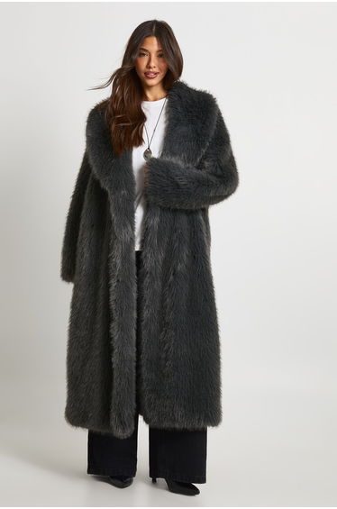 Premium Collard Fur Maxi Coat - slate grey