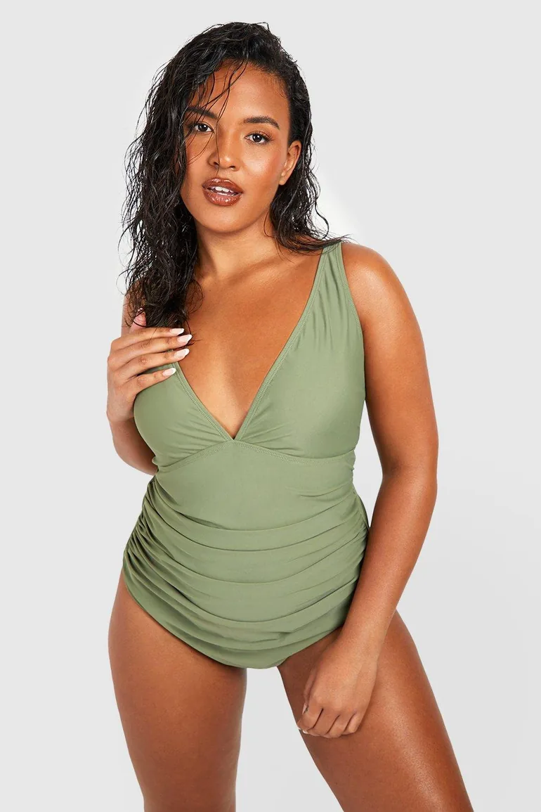 Plus Curve Enhance Smoothing Plunge Swimsuit - khaki - 1