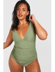 Plus Curve Enhance Smoothing Plunge Swimsuit - khaki