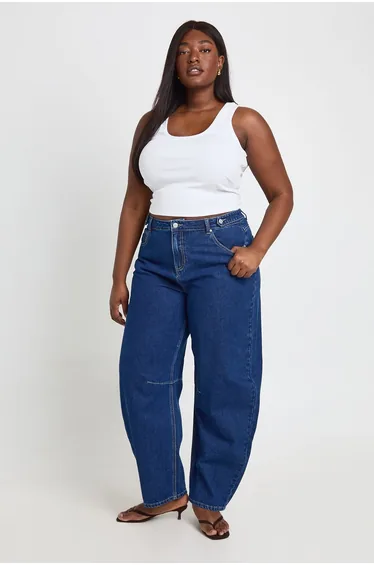 Plus High Waist Loose Fit Barrel Jean - indigo