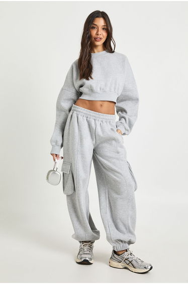 Boxy Sweatshirt Cargo Jogger Tracksuit - grey marl