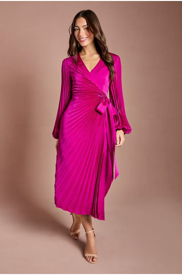 Satin Pleated Wrap Dress