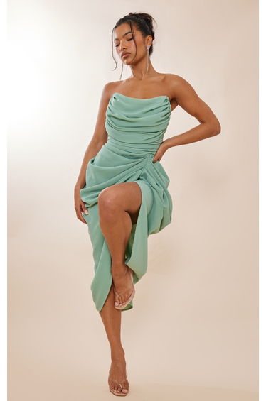 Sage Green Chiffon Corset Bandeau Draped Midi Dress