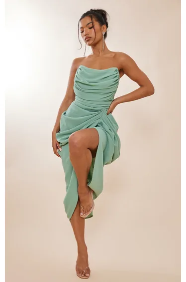 فستان ميدي كورسية شيفون بثنيات بأكتاف مكشوفة - أخضر