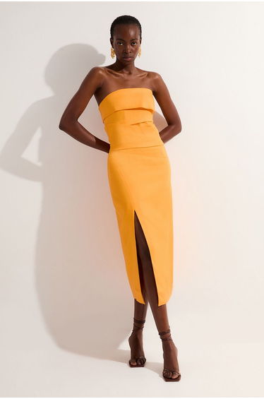 Petite Premium Linen Structured Pleated Bandeau Tailored Midi Pencil Dress