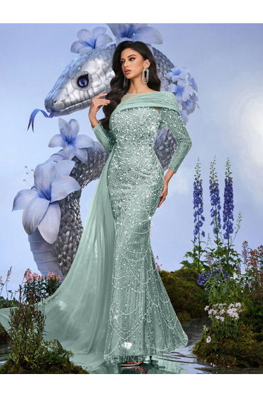 QOQ Blue Sequin & Glitter Chiffon Mermaid Dress