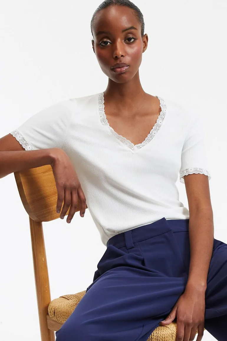V-Neck T-Shirt with Lace Panels and Short Sleeves - 1