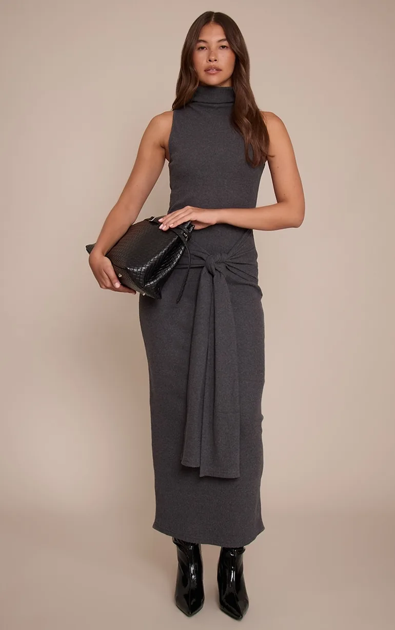 Charcoal Brushed Rib Sleeveless Wrap Detail Maxi Dress - 2