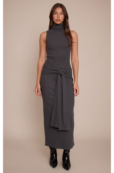 Charcoal Brushed Rib Sleeveless Wrap Detail Maxi Dress