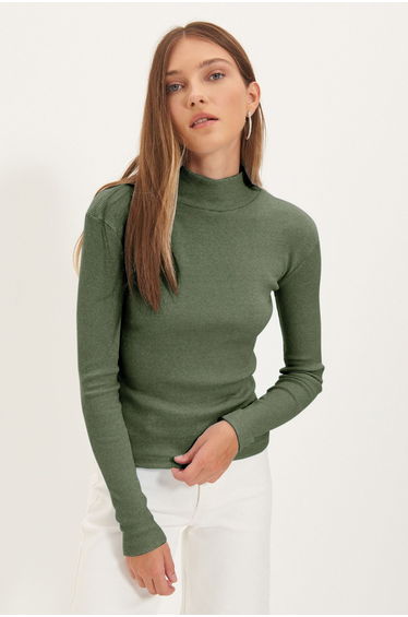 Khaki Fitted/Body-Sit Stand Collar Long Sleeve Elastic Ribbed Knitted Blouse