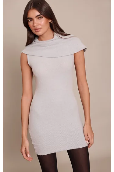 فستان ضيق بتفصيلة وشاح بثنيات - رمادي