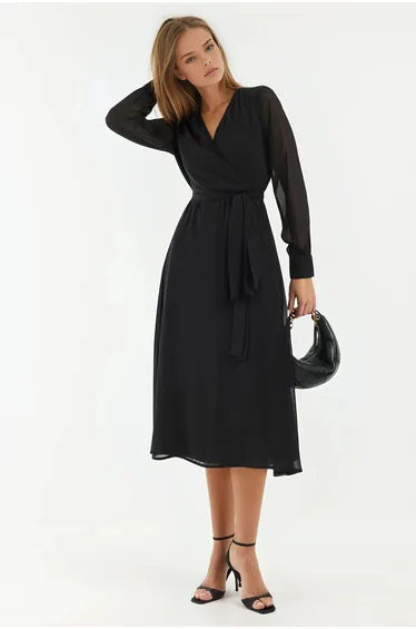 Double Breasted A-Form Tulle Midi Dress with Waistband