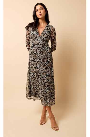 Saffron and Amber Animal Print Mesh Midi Dress