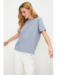 Gray 100% Cotton Basic Crew Neck Knitted T-Shirt - 1