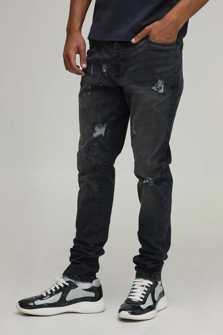 All Over Distressed Charcoal Wash Stacked Skinny Jeans - charcoal - 1