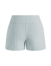 Folded Off-Shoulder Ribbed Knit Sweater and Shorts Set in Baby Blue - 8