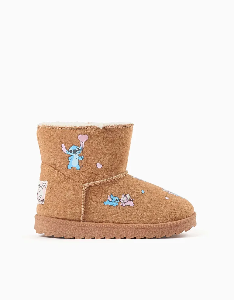 Ankle Boots With Faux Fur Lining And Stitch Prints For Girls, Camel - 3