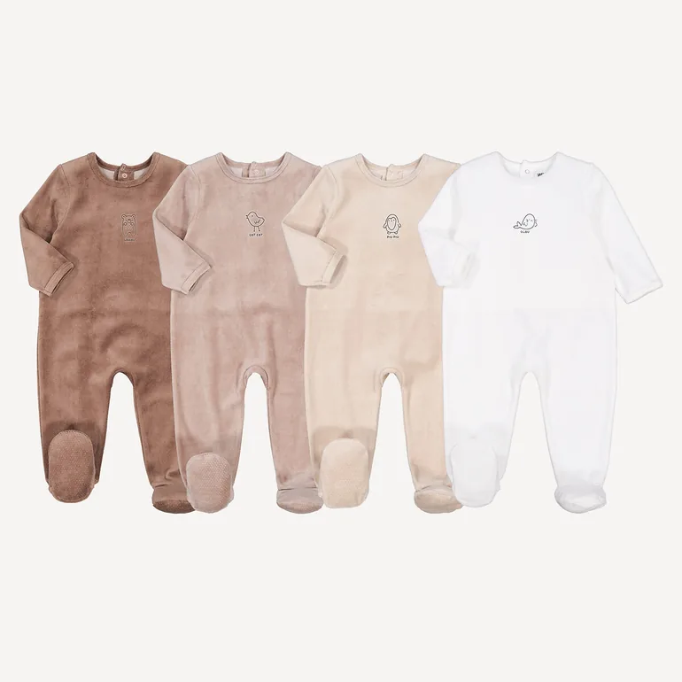 Pack of 4 Sleepsuits in Velour with Animal Prints