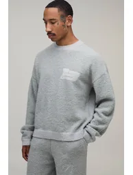 Relaxed Boxy Boucle Contrast Seam Knitted Jumper - grey
