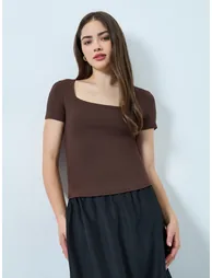 Solid Square Neck Fitted Short Sleeve T-Shirt - 2