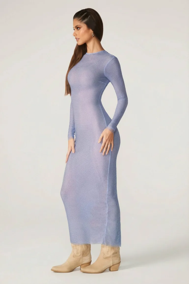 Embellished Long Sleeve Maxi Dress in Blue - 5
