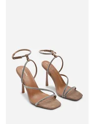 Betsy High Heels Sandals with Diamante detail & Square toe in Camel Suede - 2