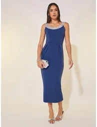 Solid Sequined Neckline Dress - 1