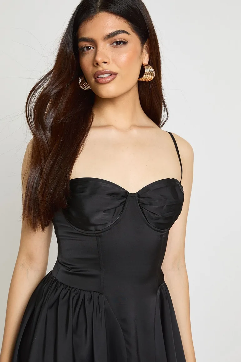 Satin Ruched Cup Full Skirt Mini Dress - black - 3