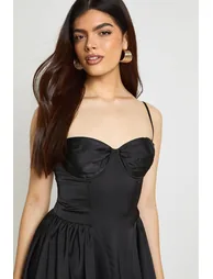 Satin Ruched Cup Full Skirt Mini Dress - black - 3