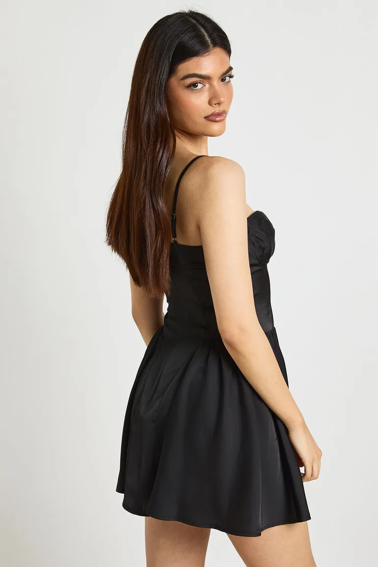 Satin Ruched Cup Full Skirt Mini Dress - black - 1