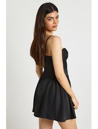 Satin Ruched Cup Full Skirt Mini Dress - black - 1