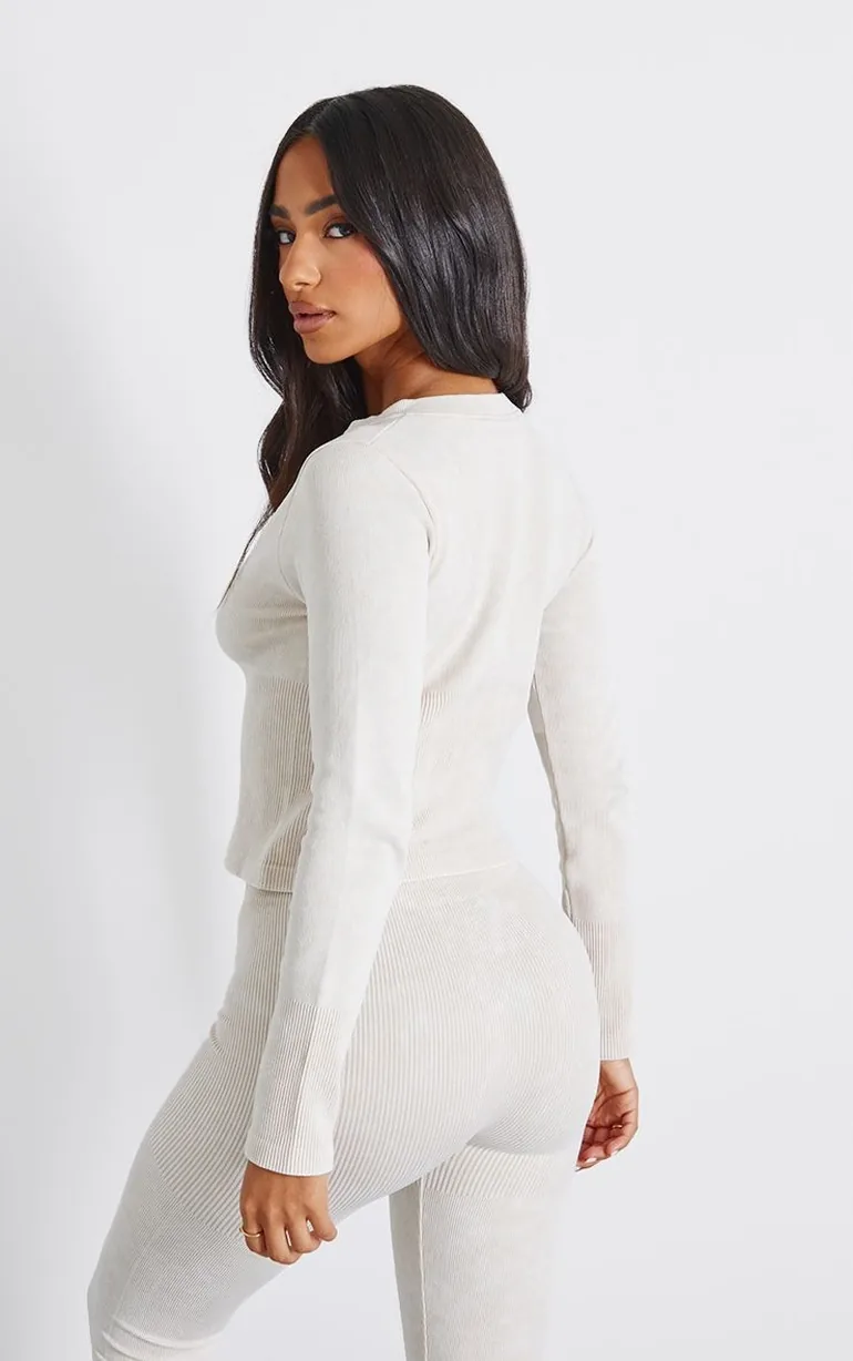 Petite Cream Faded Contour Rib Long Sleeve Button Up Long Top - 1