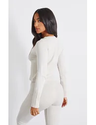 Petite Cream Faded Contour Rib Long Sleeve Button Up Long Top - 1