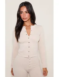 Petite Cream Faded Contour Rib Long Sleeve Button Up Long Top
