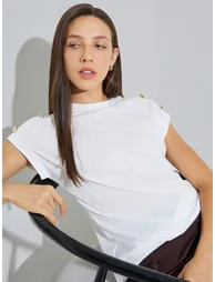 White Plain Shoulder Button Detail Regular Fit T-Shirt - 1