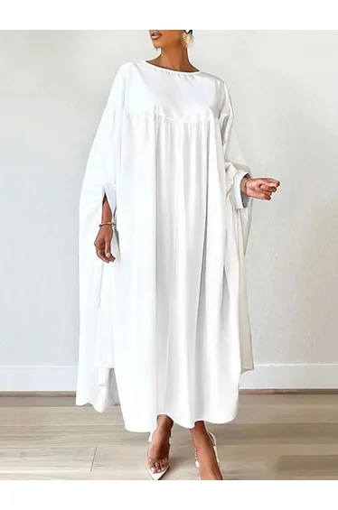 Batwing Sleeves Long Sleeves Solid Color Round-Neck Maxi Dresses