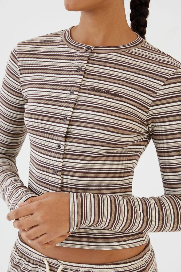 DSGN Studio Stripe Button Through Long Sleeve Top - dark chocolate - 3
