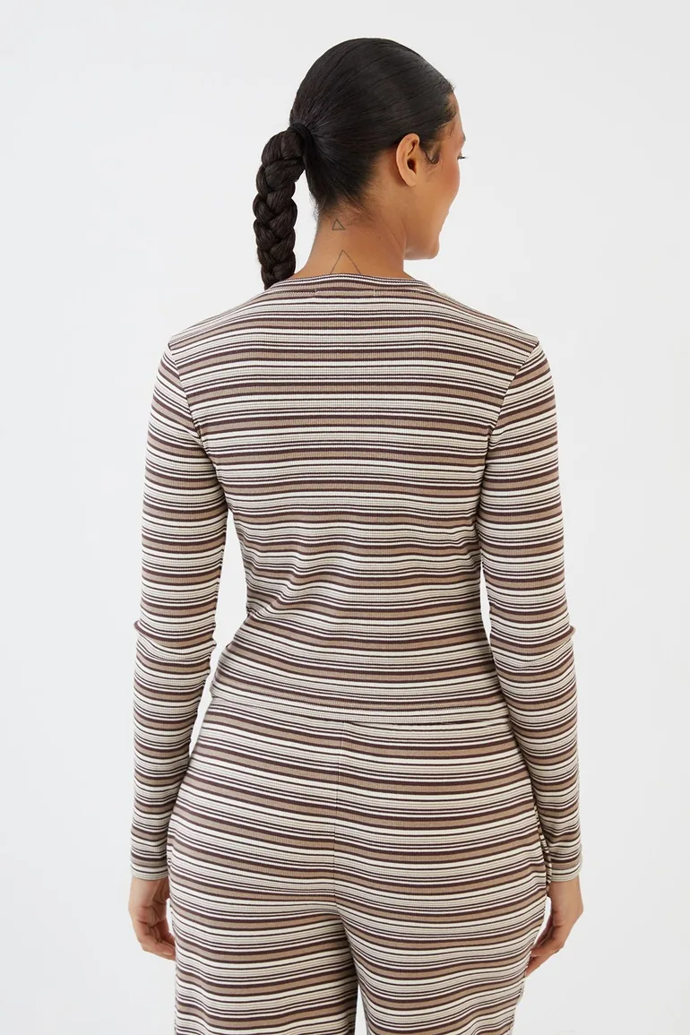 DSGN Studio Stripe Button Through Long Sleeve Top - dark chocolate - 1