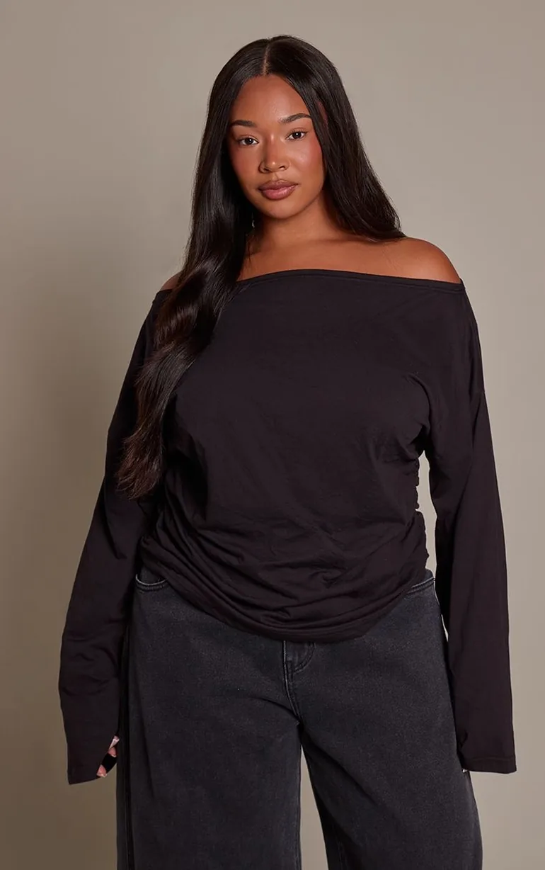 Plus Black Cotton Slouchy Ruched Detail T-Shirt - 1