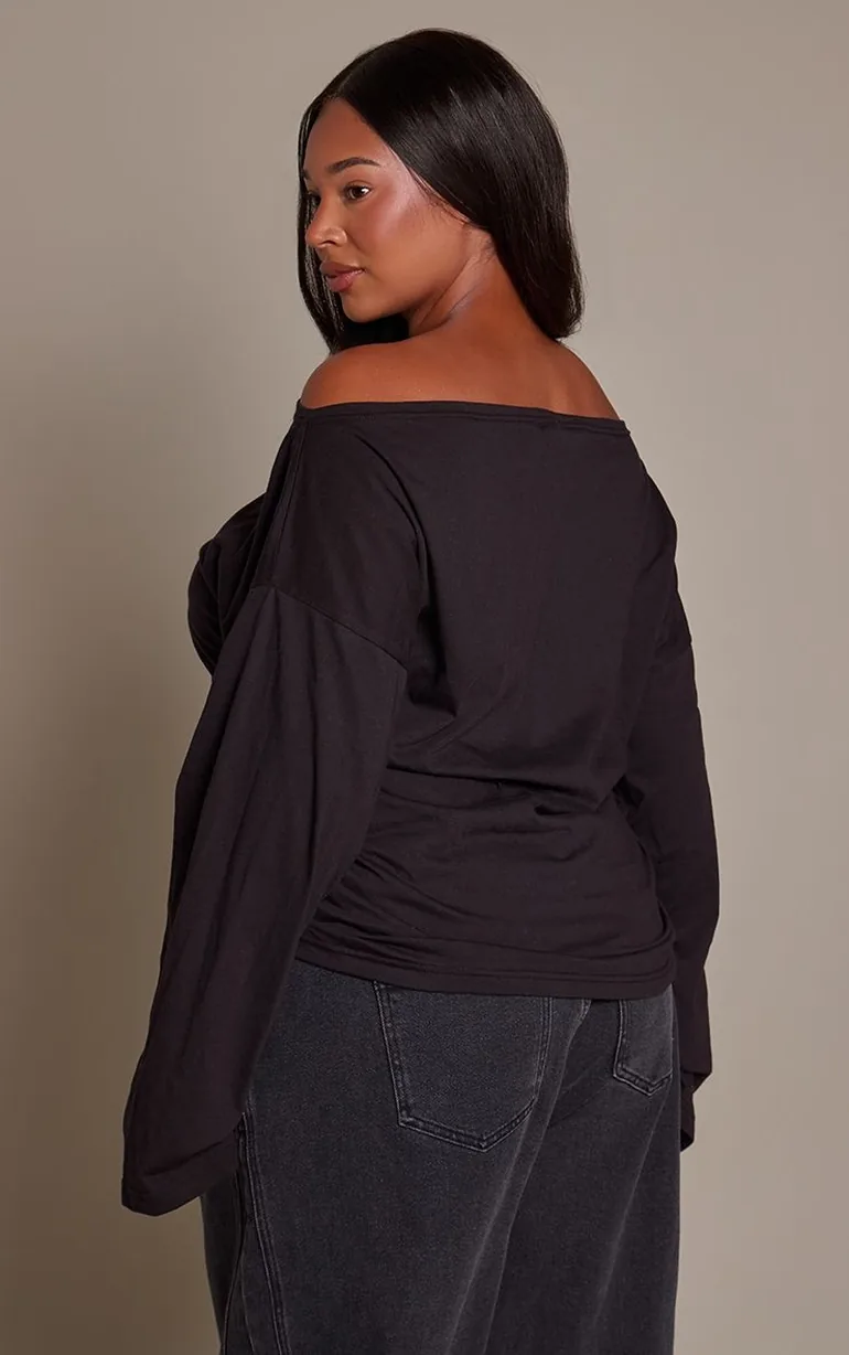 Plus Black Cotton Slouchy Ruched Detail T-Shirt - 2