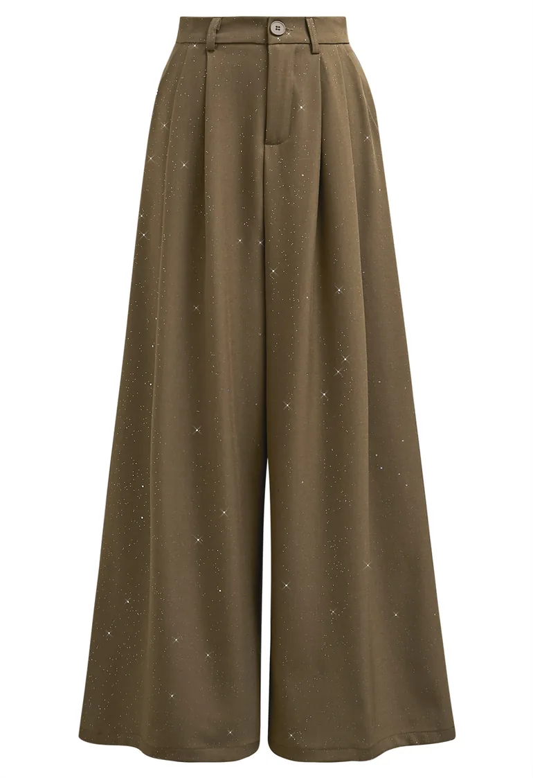 Glitter Accent Wide-Leg Palazzo Pants in Brown - 1