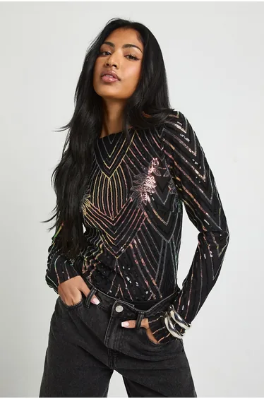 Demask Sequin Backless Bodysuit - black
